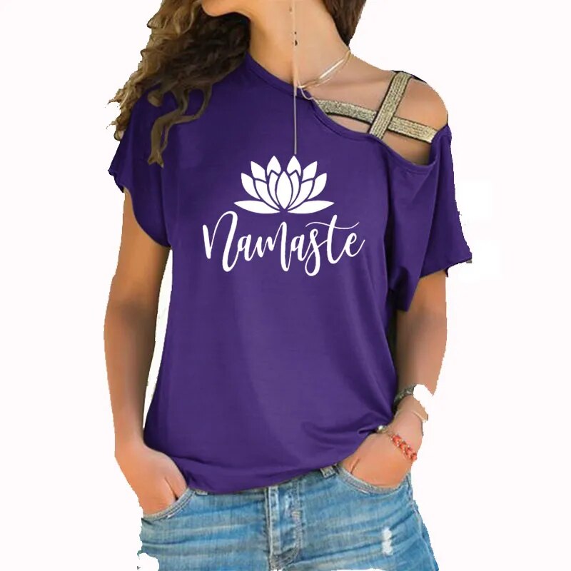 Asymmetric Off Shoulder Top Featuring Gold Straps. Lotus "Namaste" Design
