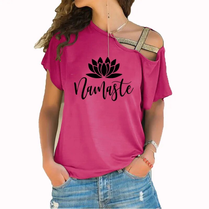 Asymmetric Off Shoulder Top Featuring Gold Straps. Lotus "Namaste" Design