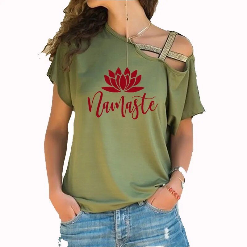 Asymmetric Off Shoulder Top Featuring Gold Straps. Lotus "Namaste" Design