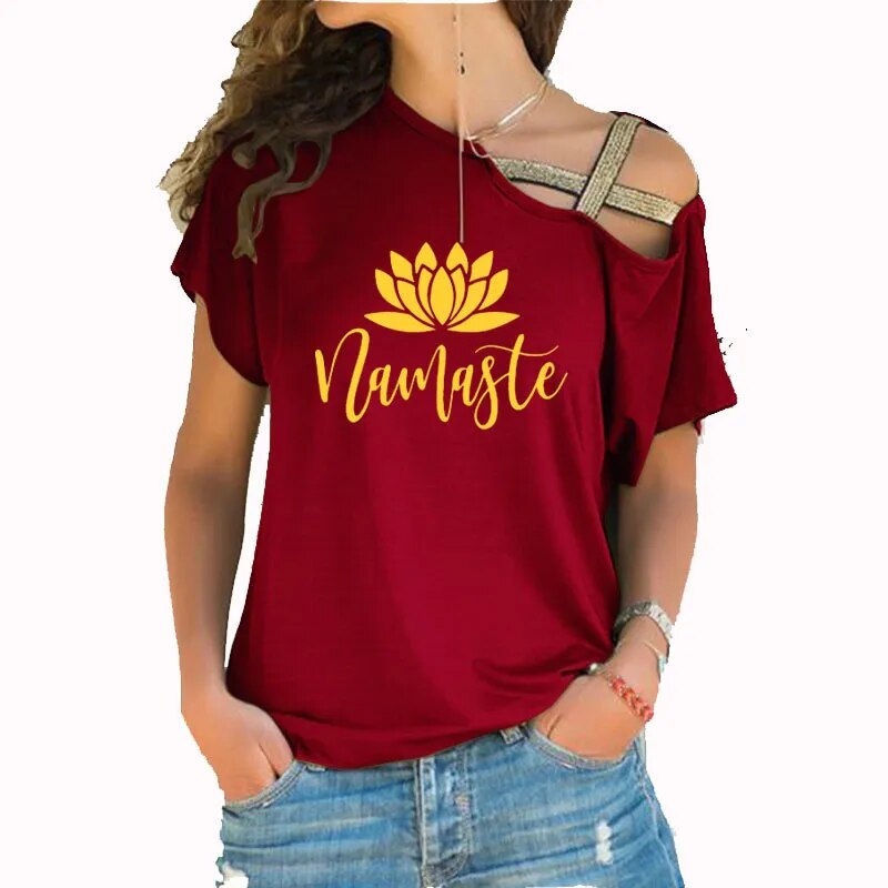 Asymmetric Off Shoulder Top Featuring Gold Straps. Lotus "Namaste" Design