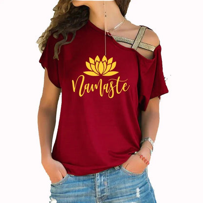 Asymmetric Off Shoulder Top Featuring Gold Straps. Lotus "Namaste" Design