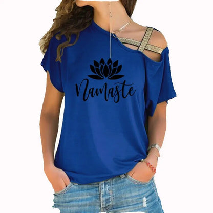 Asymmetric Off Shoulder Top Featuring Gold Straps. Lotus "Namaste" Design