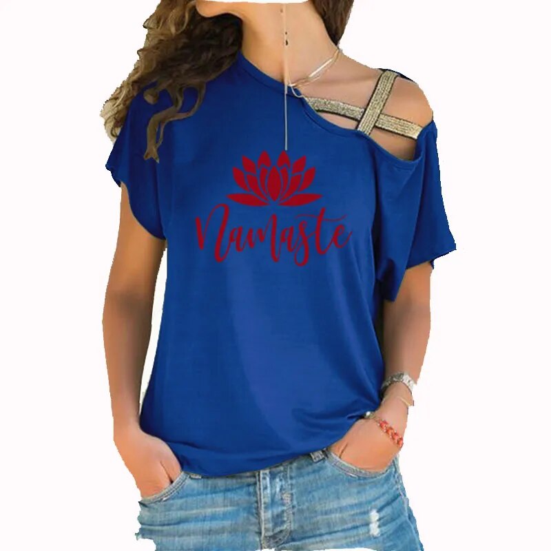 Asymmetric Off Shoulder Top Featuring Gold Straps. Lotus "Namaste" Design