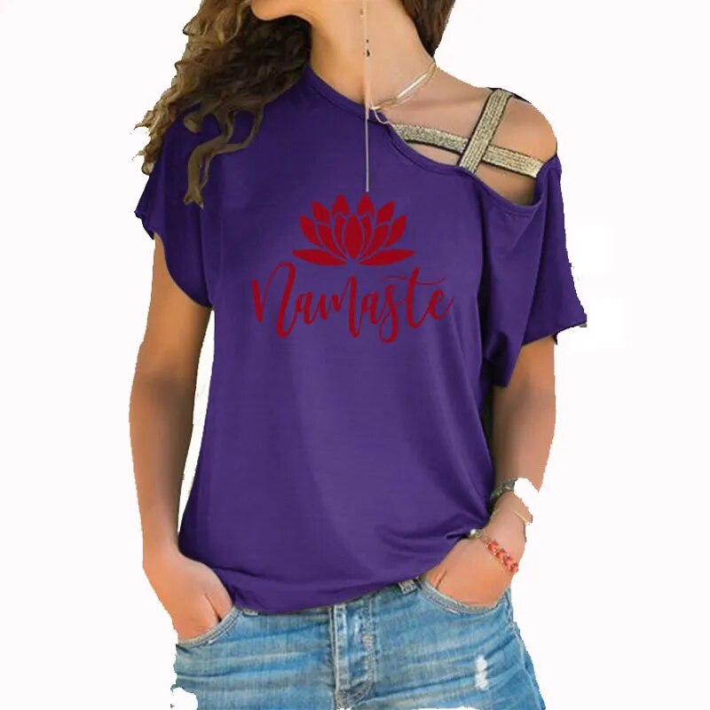 Asymmetric Off Shoulder Top Featuring Gold Straps. Lotus "Namaste" Design