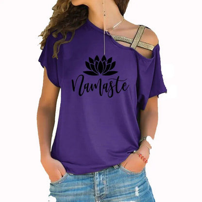 Asymmetric Off Shoulder Top Featuring Gold Straps. Lotus "Namaste" Design