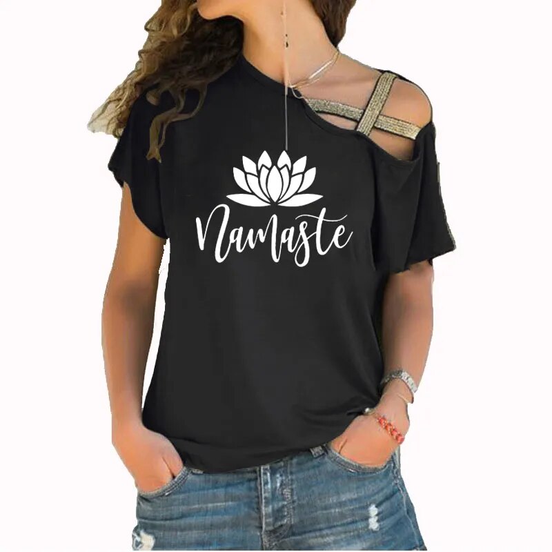 Asymmetric Off Shoulder Top Featuring Gold Straps. Lotus "Namaste" Design
