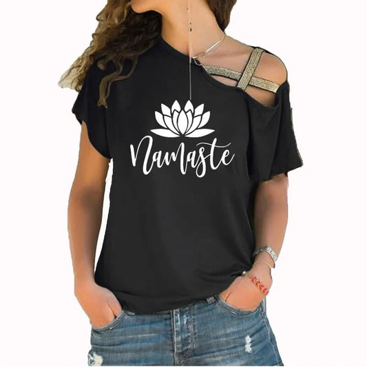 Asymmetric Off Shoulder Top Featuring Gold Straps. Lotus "Namaste" Design