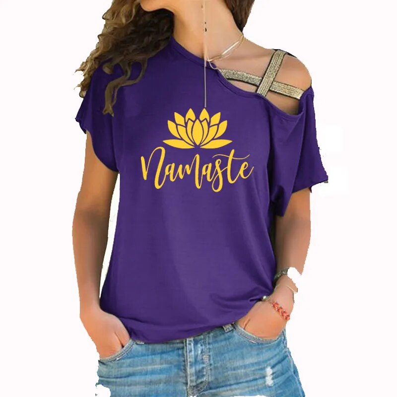 Asymmetric Off Shoulder Top Featuring Gold Straps. Lotus "Namaste" Design