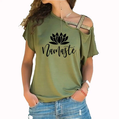 Asymmetric Off Shoulder Top Featuring Gold Straps. Lotus "Namaste" Design