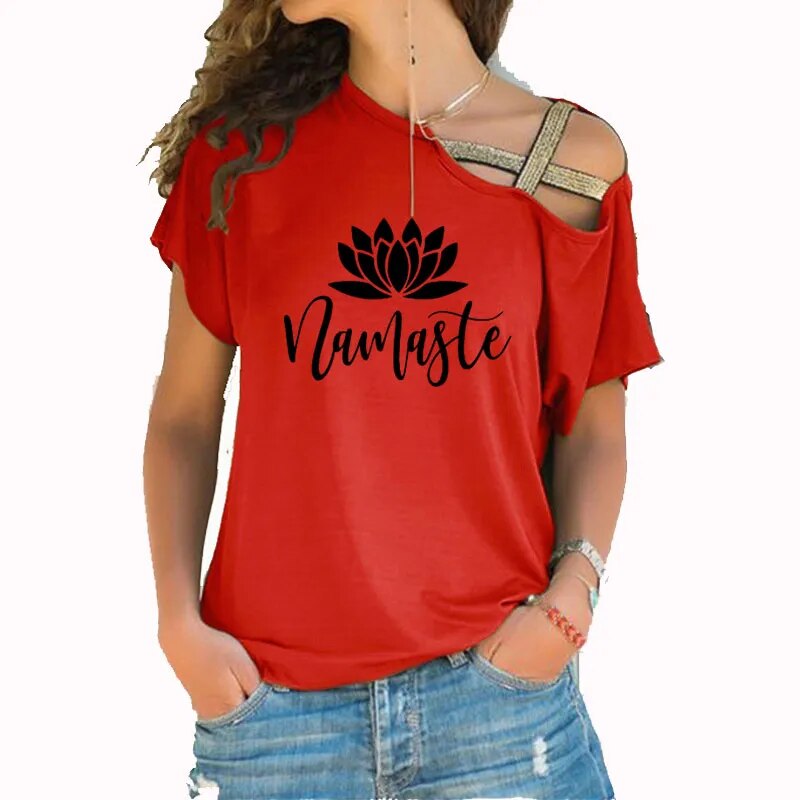 Asymmetric Off Shoulder Top Featuring Gold Straps. Lotus "Namaste" Design