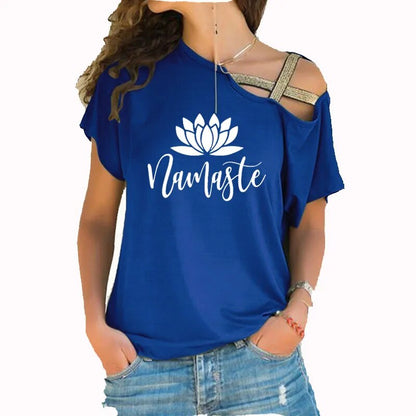 Asymmetric Off Shoulder Top Featuring Gold Straps. Lotus "Namaste" Design