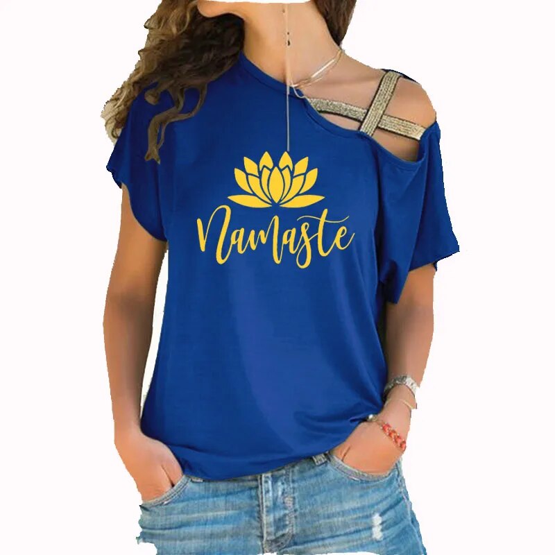 Asymmetric Off Shoulder Top Featuring Gold Straps. Lotus "Namaste" Design
