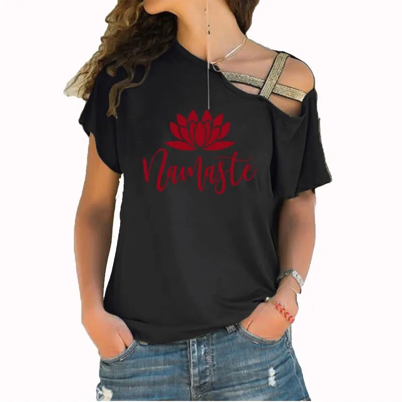 Asymmetric Off Shoulder Top Featuring Gold Straps. Lotus "Namaste" Design
