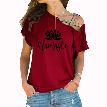 Asymmetric Off Shoulder Top Featuring Gold Straps. Lotus "Namaste" Design