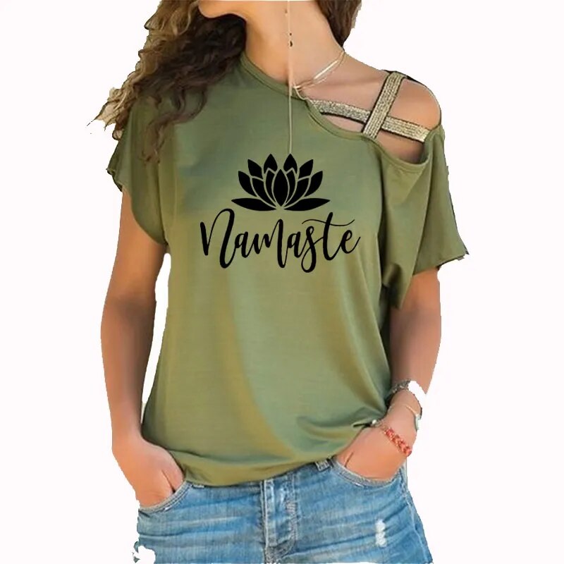 Asymmetric Off Shoulder Top Featuring Gold Straps. Lotus "Namaste" Design